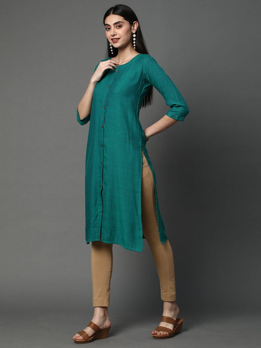 Heeposh Women Solid Straight Kurta with Button Detailing Blue