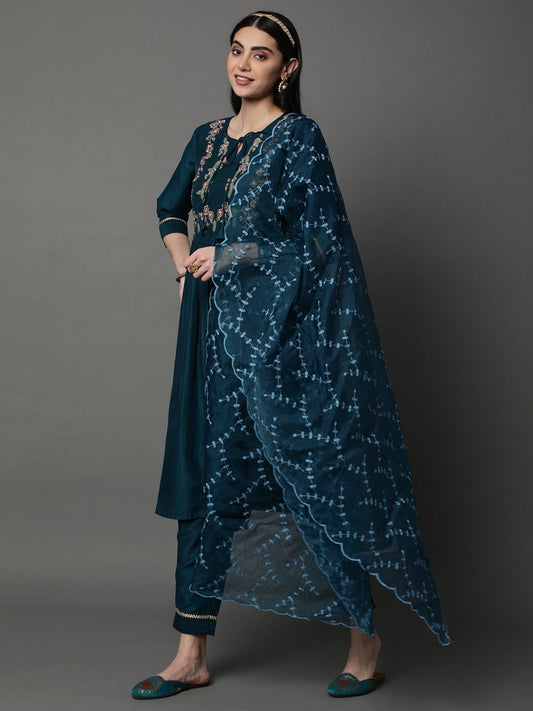 Heeposh Women A-Line Embroidered Kurta with Organza Dupatta (Set of 3)