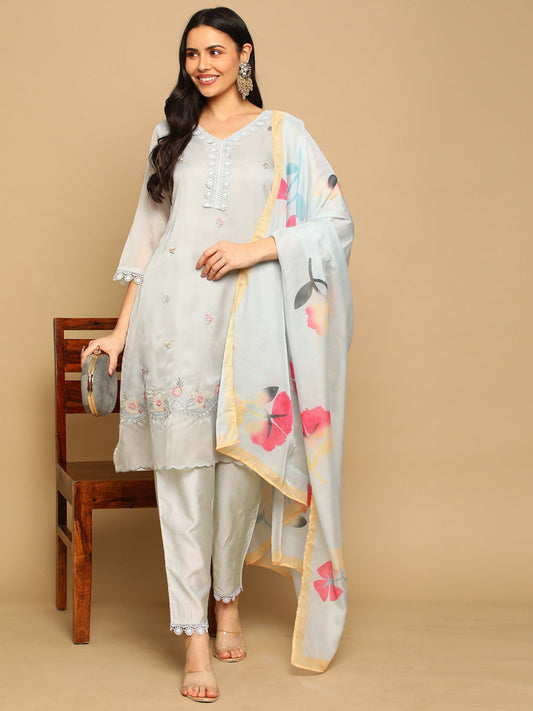 Heeposh Women A-Line Hand Work Kurta with Printed Dupatta (Set of 3)