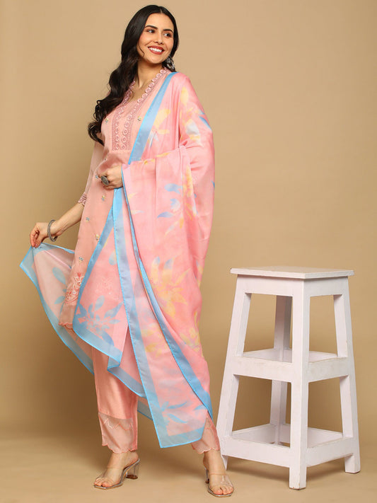 Heeposh Women A-Line Hand Work Kurta with Printed Dupatta (Set of 3)