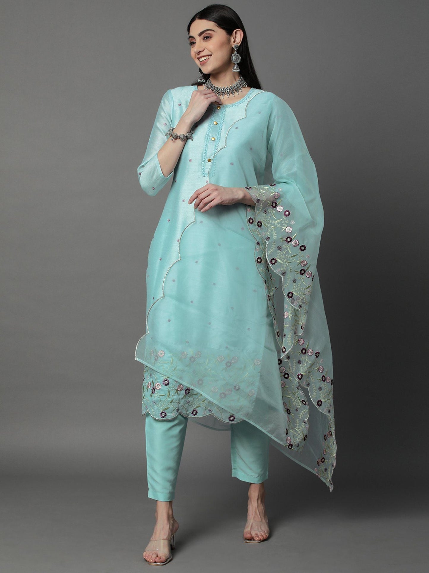 Heeposh Women Chanderi Silk Kurta with Organza Embroidered Dupatta (Set of 3)