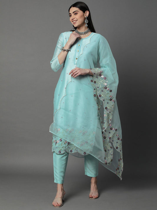 Heeposh Women Chanderi Silk Kurta with Organza Embroidered Dupatta (Set of 3)