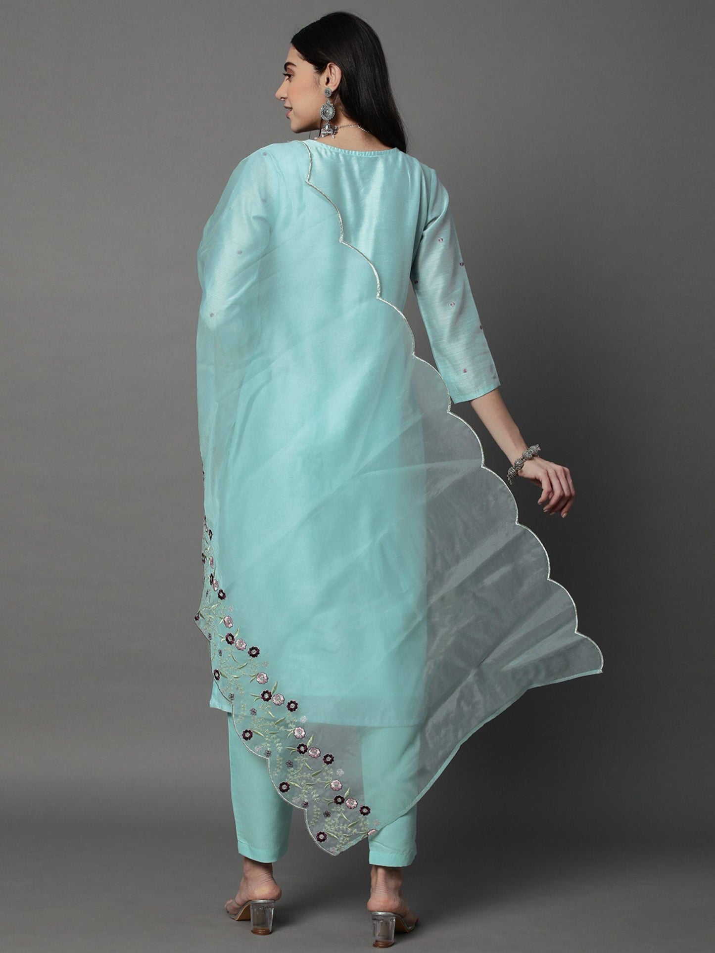 Heeposh Women Chanderi Silk Kurta with Organza Embroidered Dupatta (Set of 3)