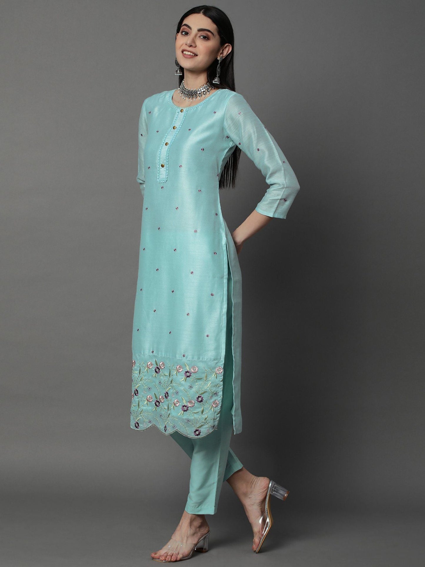 Heeposh Women Chanderi Silk Kurta with Organza Embroidered Dupatta (Set of 3)