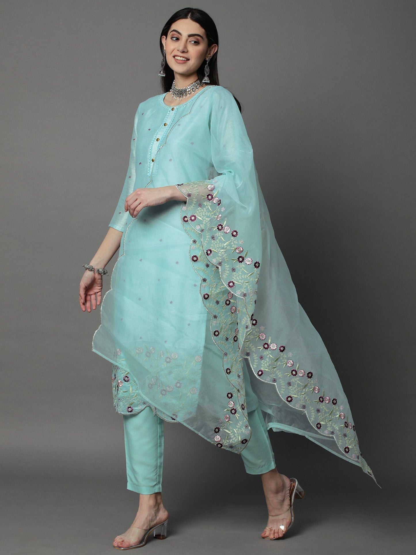 Heeposh Women Chanderi Silk Kurta with Organza Embroidered Dupatta (Set of 3)