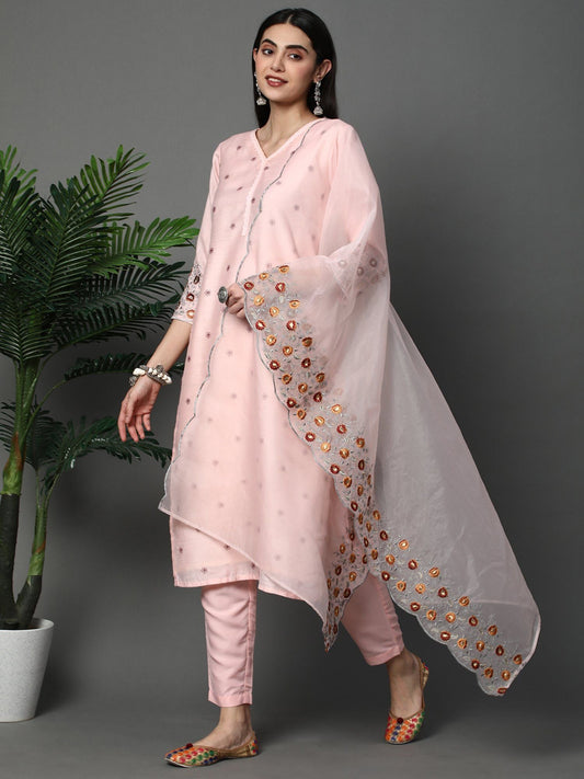 Heeposh Women Chanderi Silk Kurta with Organza Embroidered Dupatta (Set of 3)
