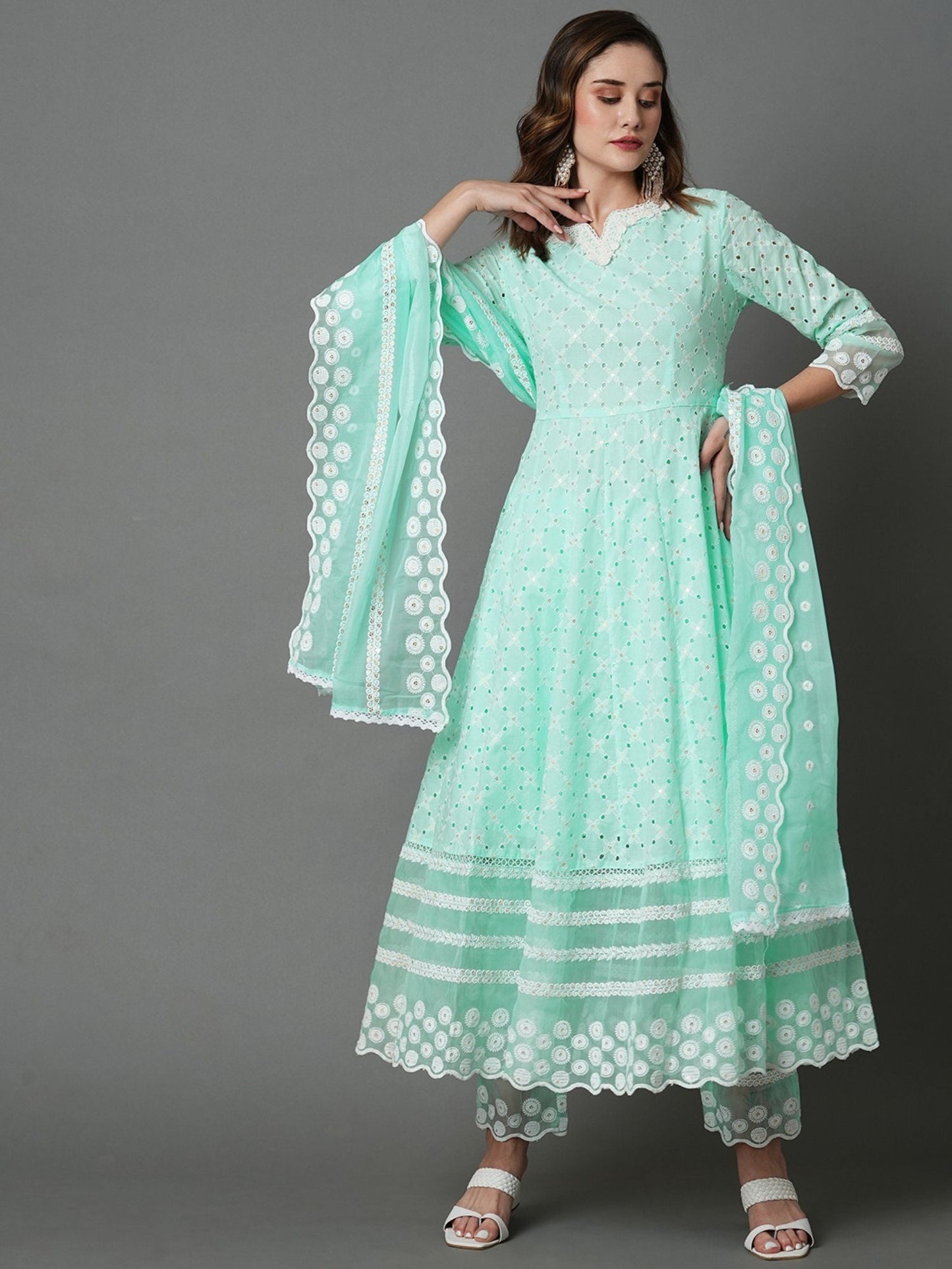 Heeposh Beautiful Schiffli Embroidered Anarkali with Soft Organza Dupatta (Set of 3)