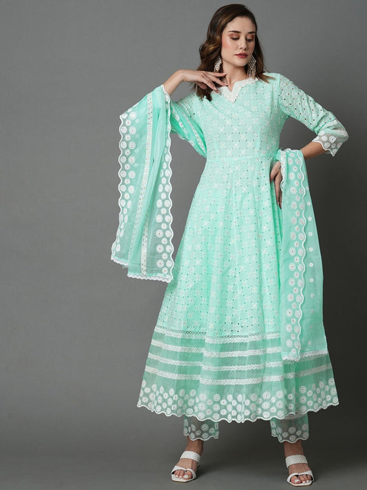 Heeposh Beautiful Schiffli Embroidered Anarkali with Soft Organza Dupatta (Set of 3)