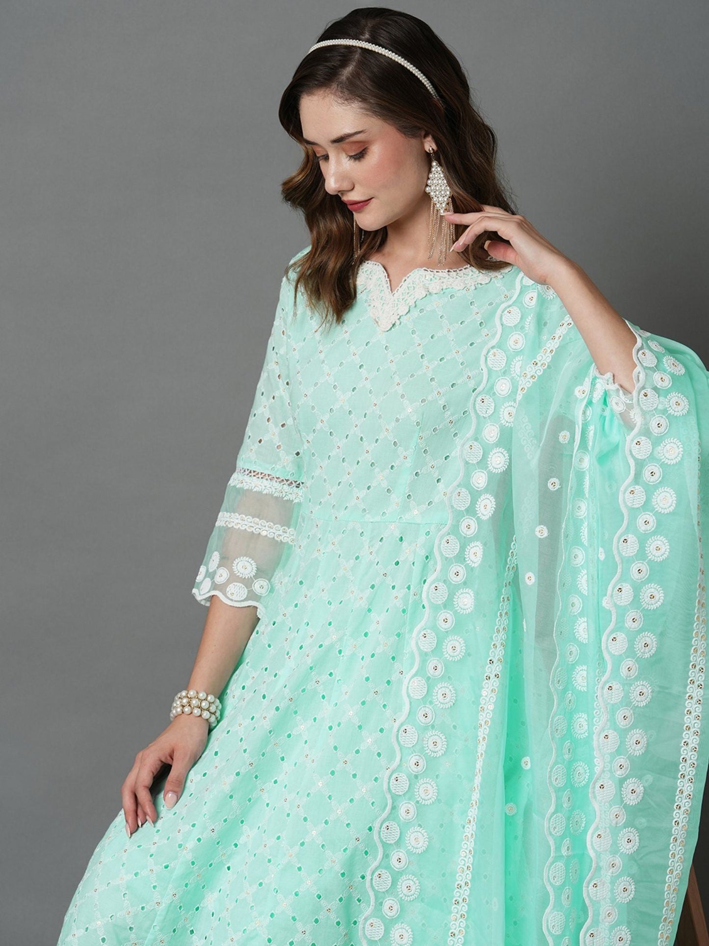 Heeposh Beautiful Schiffli Embroidered Anarkali with Soft Organza Dupatta (Set of 3)