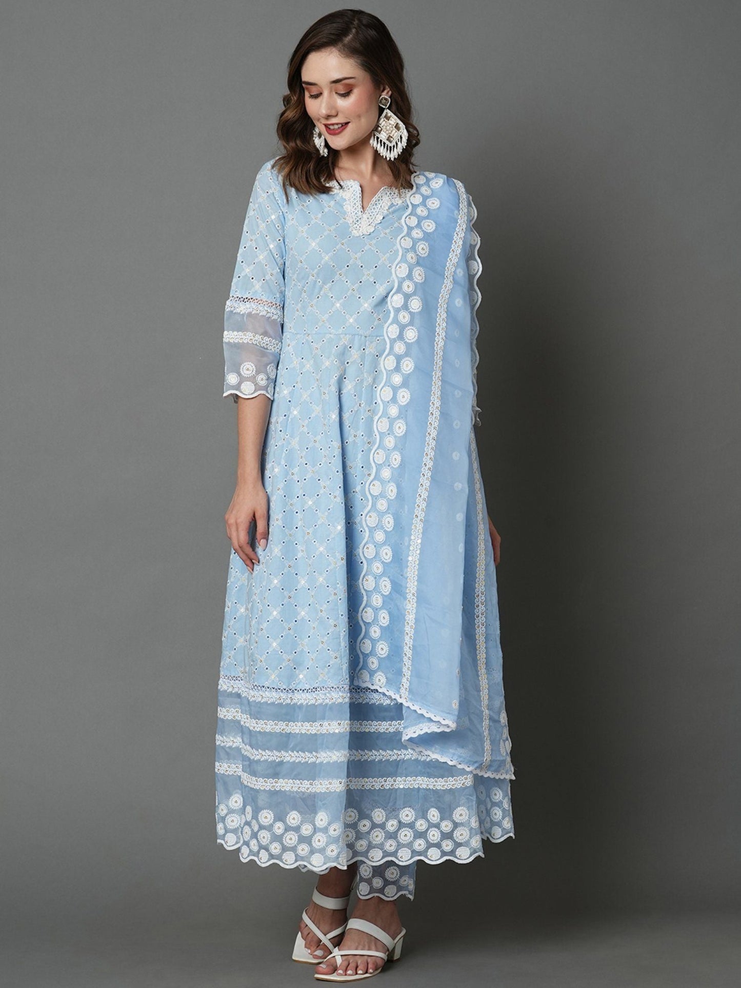 Heeposh Beautiful Schiffli Embroidered Anarkali with Soft Organza Dupatta (Set of 3)