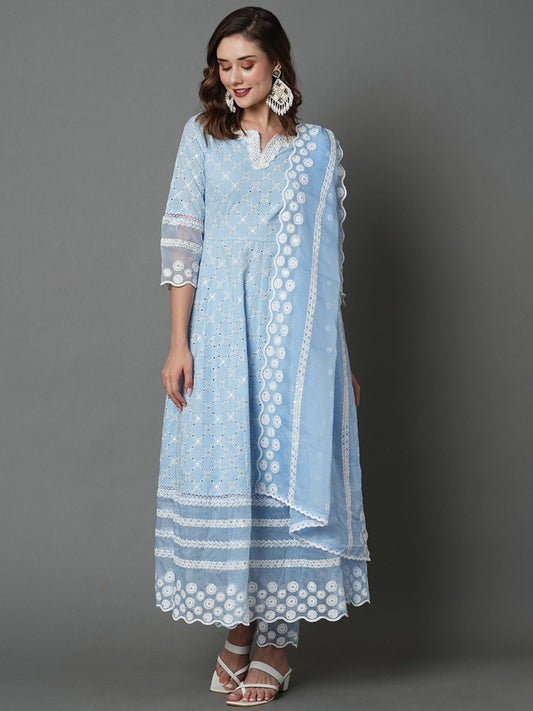 Heeposh Beautiful Schiffli Embroidered Anarkali with Soft Organza Dupatta (Set of 3)