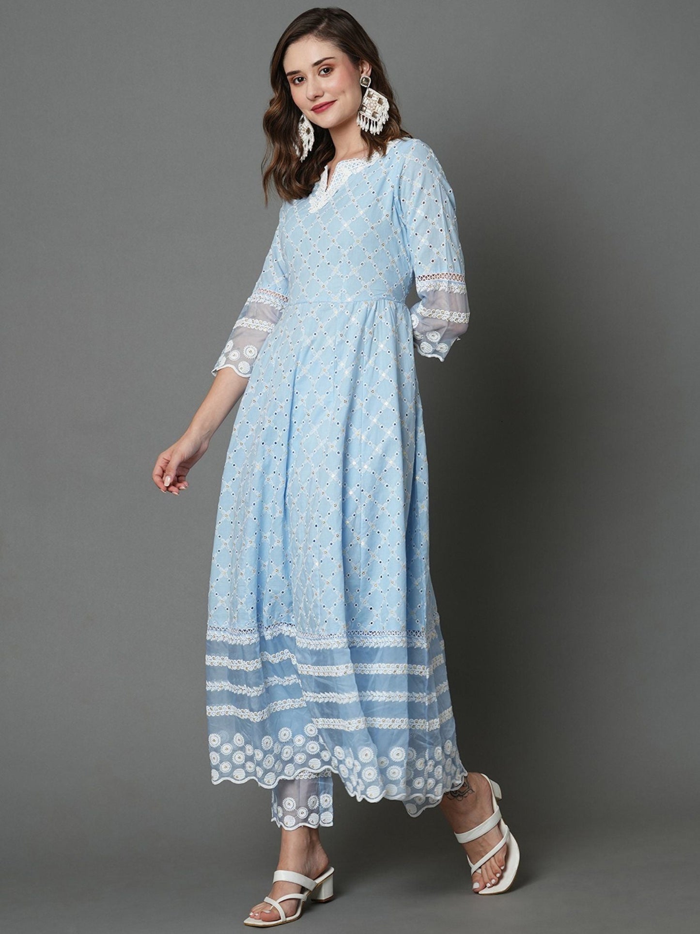 Heeposh Beautiful Schiffli Embroidered Anarkali with Soft Organza Dupatta (Set of 3)