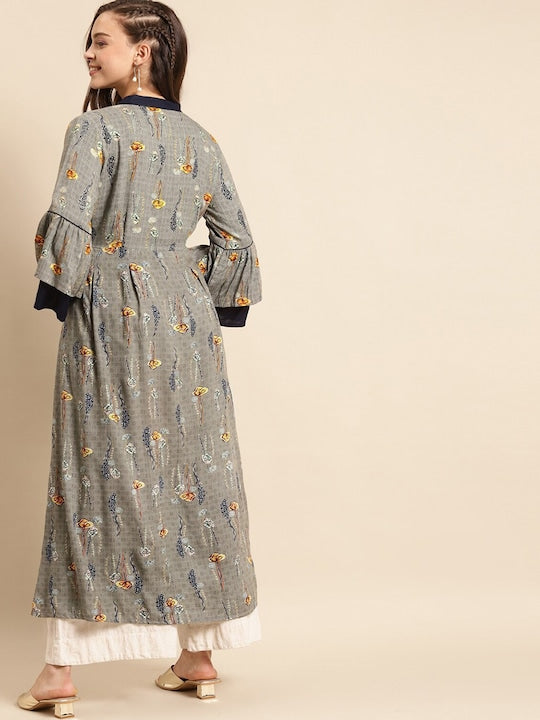 All about you Grey Floral Printed Mandarin Collar Bell Sleeves A-Line Kurta
