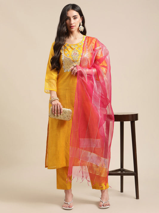 KSUT Mustard Heavy Yoke Embroidery Kurta With Pink Sheer Dupatta (Set of 3)