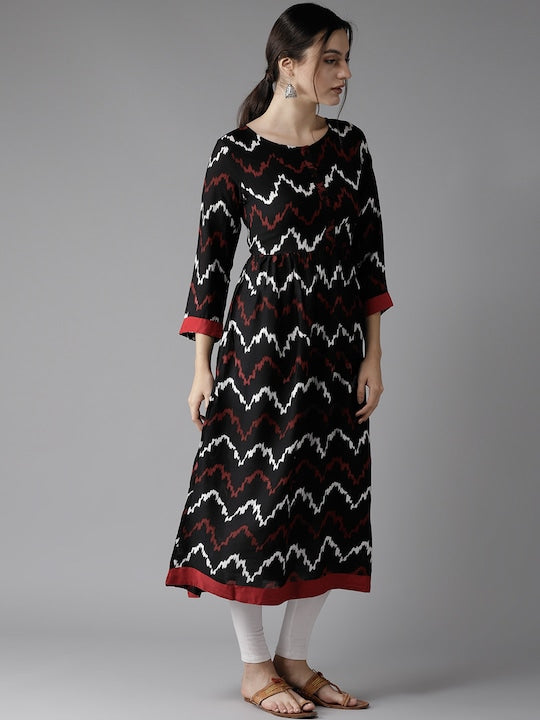 Here&now Women Black & Red Printed A-Line Kurta