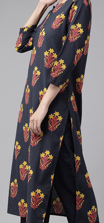 Yufta Women Navy Blue & Mustard Yellow Floral Printed Pure Cotton Kurta with Palazzos