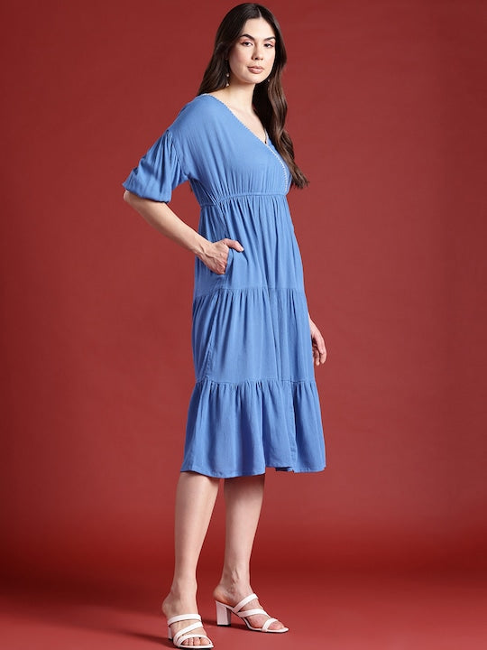 All about you Puff Sleeves Tiered Midi Wrap Style Dress