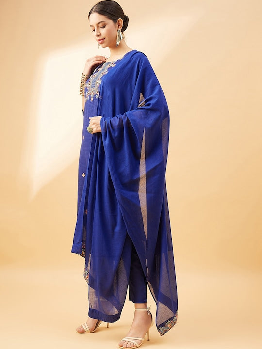 All about you Blue Floral Embroidered Regular Mirror Work Kurta With Trousers & Dupatta