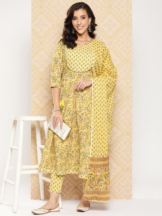 Yufta Floral Printed Anarkali Sequinned Pure Cotton Kurta with Trousers & Dupatta Yellow