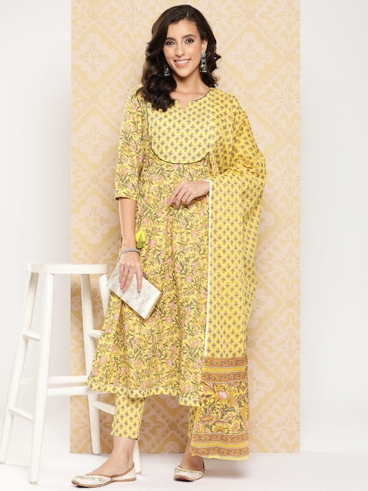 Yufta Floral Printed Anarkali Sequinned Pure Cotton Kurta with Trousers & Dupatta Yellow