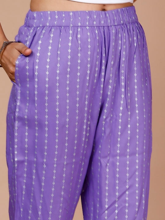 Here&now Women Purple Striped Empire Kurta with Trousers & With Dupatta