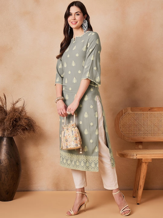 House of Pataudi Ethnic Motifs Embroidered Pure-Cotton Straight Kurta