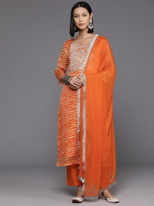 Varanga Women Leheriya Printed Regular Sequinned Kurta with Trousers & Dupatta