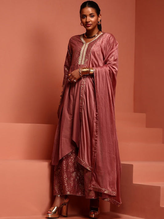 IMARA Floral Printed Zari A-Line Kurta With Palazzos & Dupatta
