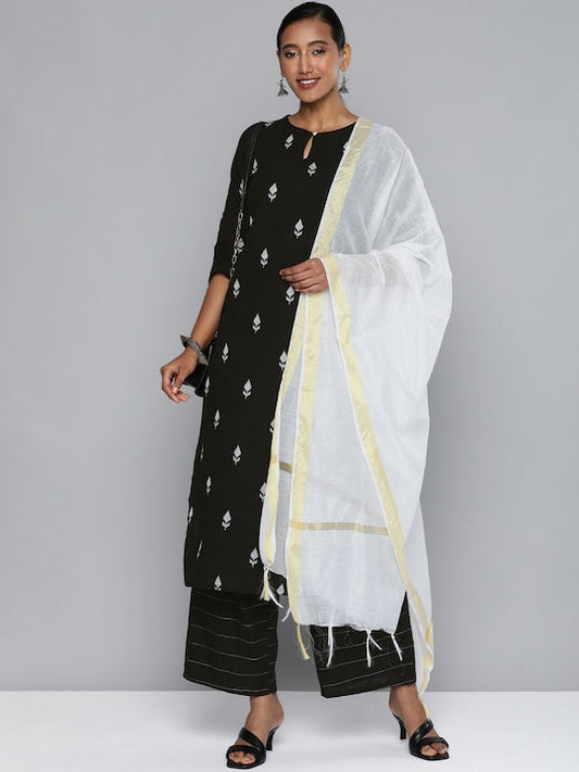 Vishudh Women Black Ethnic Motifs Embroidered Cotton Kurta with Palazzos & With Dupatta