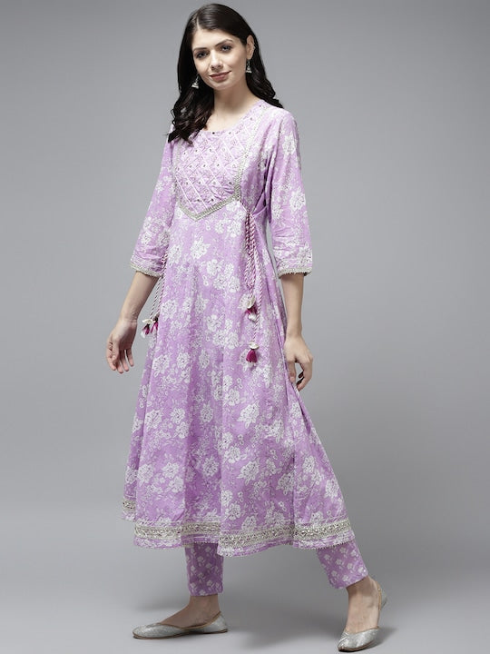 Yufta Women Lavender Ethnic Motifs Printed Pleated Gotta Patti Pure Cotton Kurta with Trousers & With