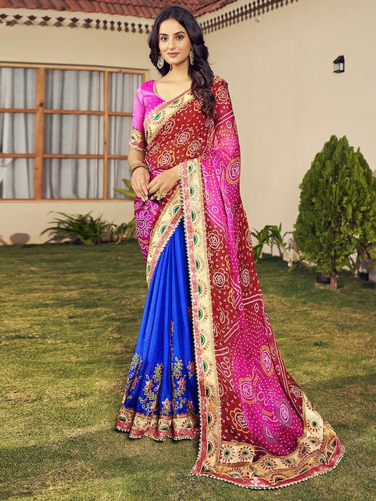 Satrani Beads and Stones Bandhani Printed Saree