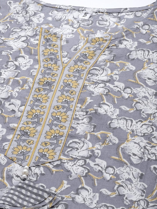 Yufta Women Floral Printed Pure Cotton Kurta with Harem Pants & With Dupatta