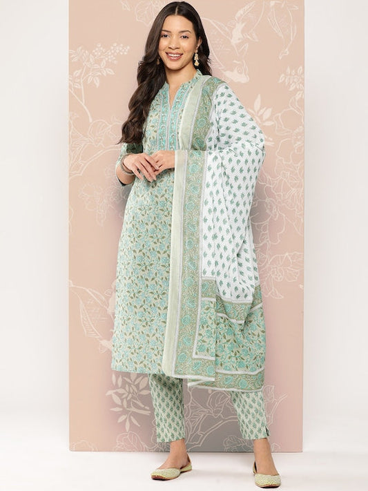 Yufta Women Floral Printed Regular Pure Cotton Kurta with Trousers & With Dupatta