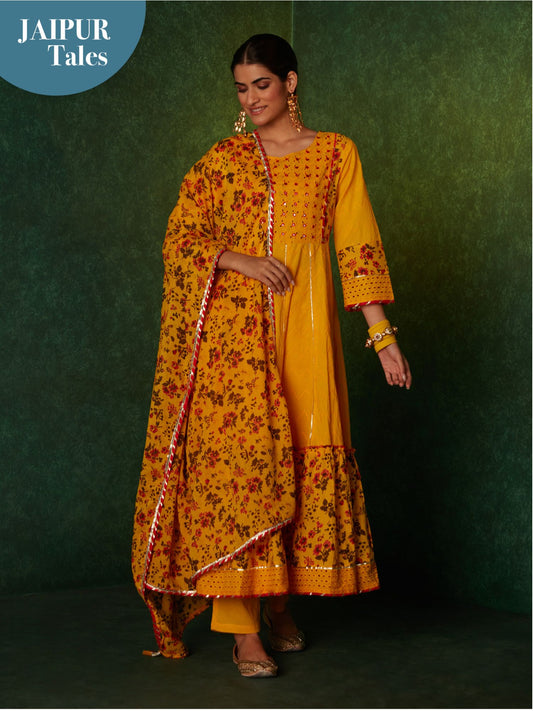 Likha Yellow Schiffli Mirror Work Anarkali Set & Dupatta LIKSKD166 (Set of 3) - 2XL