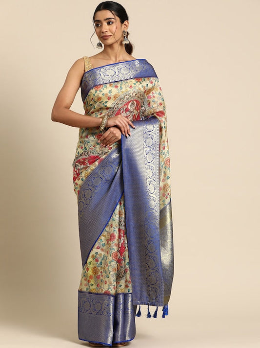 Silk Land Floral Printed Zari Muga Saree