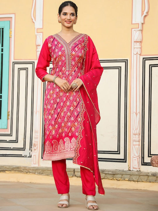 Scakhi Bandhani Printed Thread Work Pure Silk Kurta with Trousers & Dupatta