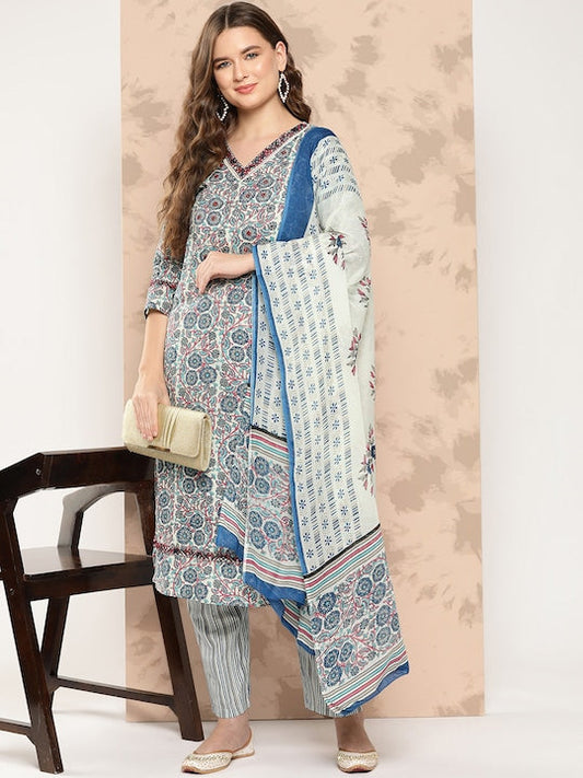 Yufta Women Floral Printed Regular Pure Cotton Kurta with Trousers & With Dupatta