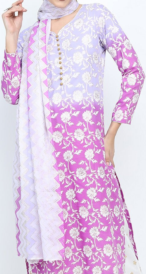 Vishudh Women Mauve Floral Printed High Slit Kurta with Palazzo & Dupatta
