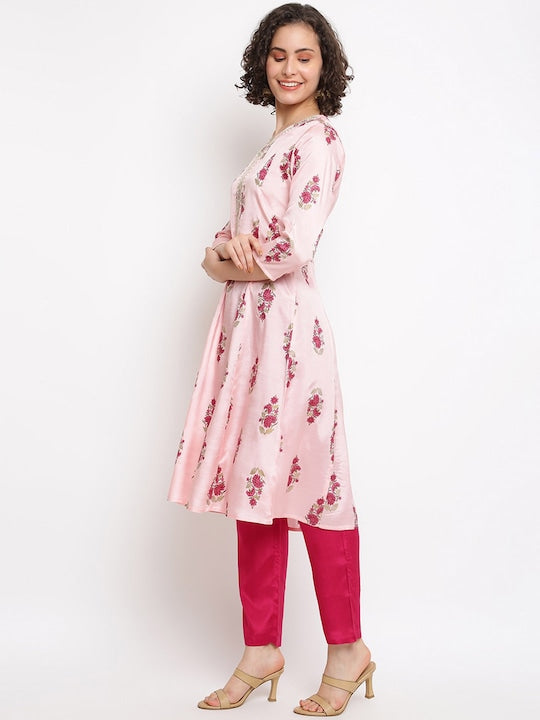 IMARA Floral Printed Sequined A-Line Kurta with Trousers