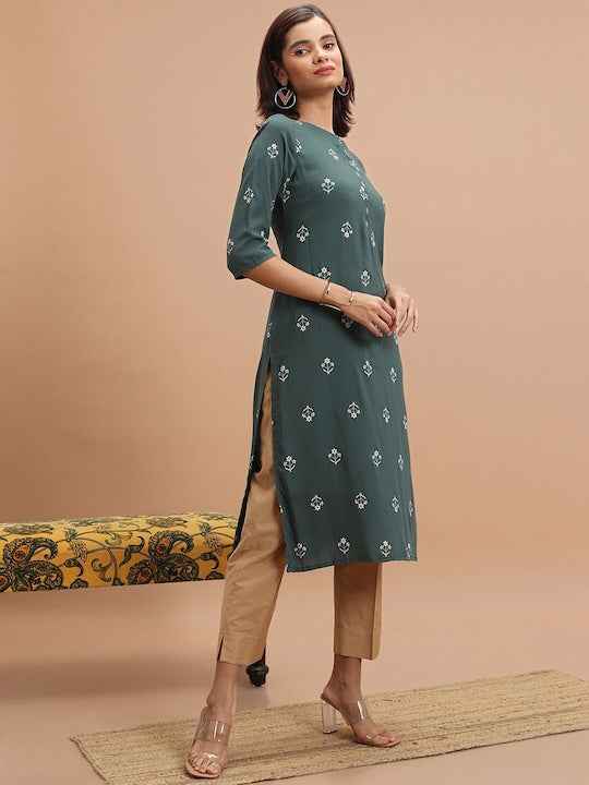Vishudh Olive Green Floral Printed Keyhole Neck Straight Kurta