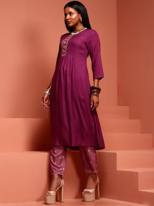 IMARA Floral Yoke Design Thread Work Pleated A-Line Kurta With Trouser