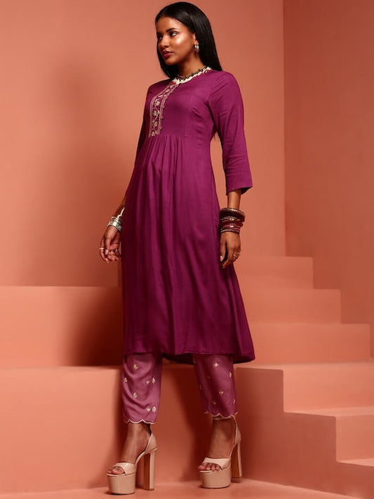 IMARA Floral Yoke Design Thread Work Pleated A-Line Kurta With Trouser