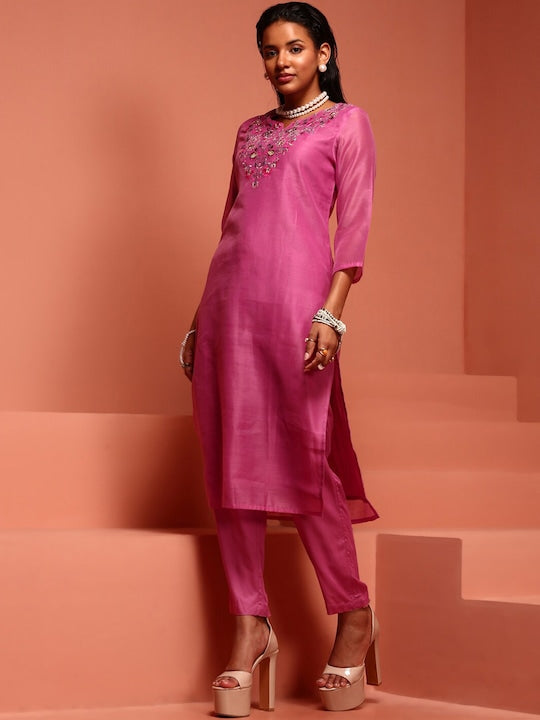 IMARA Ethnic Motifs Yoke Design Thread Work Kurta With Trousers & Dupatta