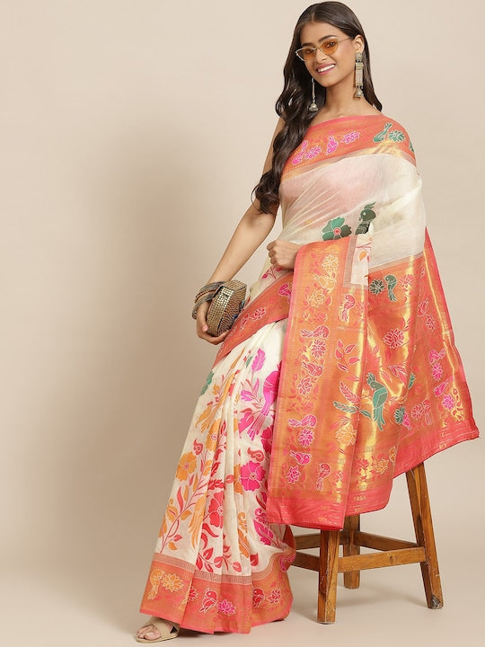 Silk Land Off White & Orange Floral Zari Jamdani Saree