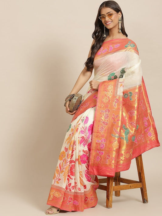 Silk Land Off White & Orange Floral Zari Jamdani Saree