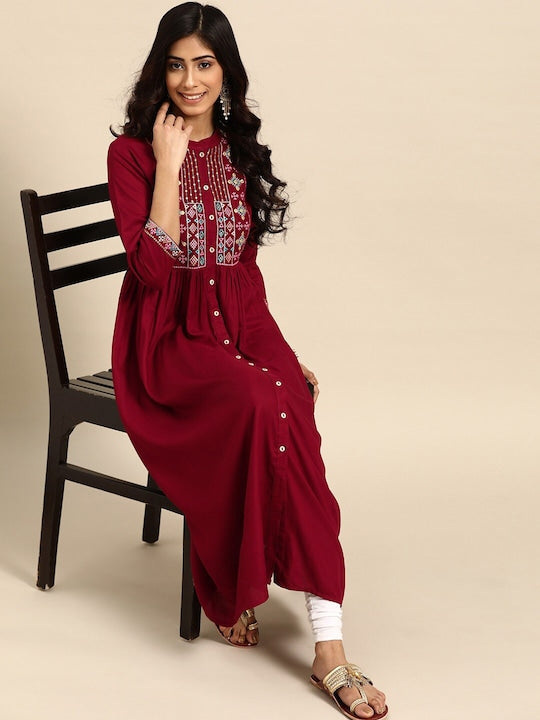 All about you Maroon Floral Yoke Designed Mandarin Collar Cotton Anarkali Kurta