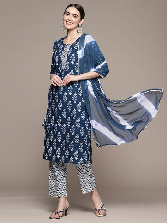 Anubhutee Women Ethnic Motifs Printed Sequinned Pure Cotton Kurta Set