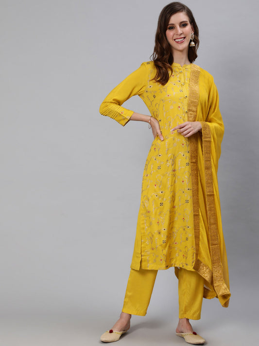 ISHIN womens Silk Blend Yellow Foil Printed A-line Kurta Trouser Dupatta (Set of 3)