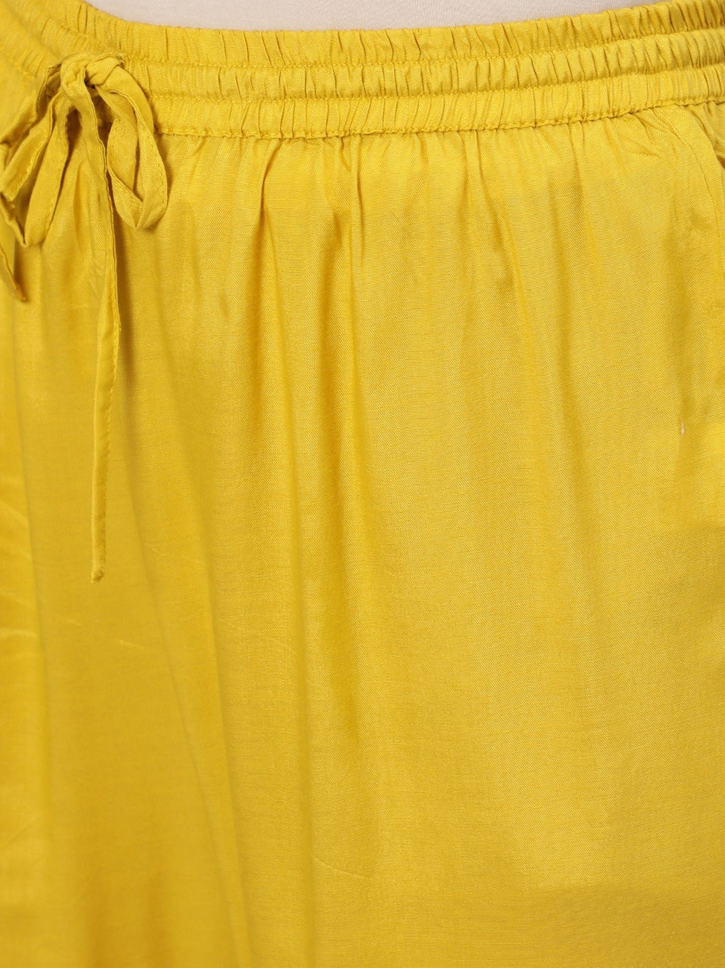 ISHIN womens Silk Blend Yellow Foil Printed A-line Kurta Trouser Dupatta (Set of 3)
