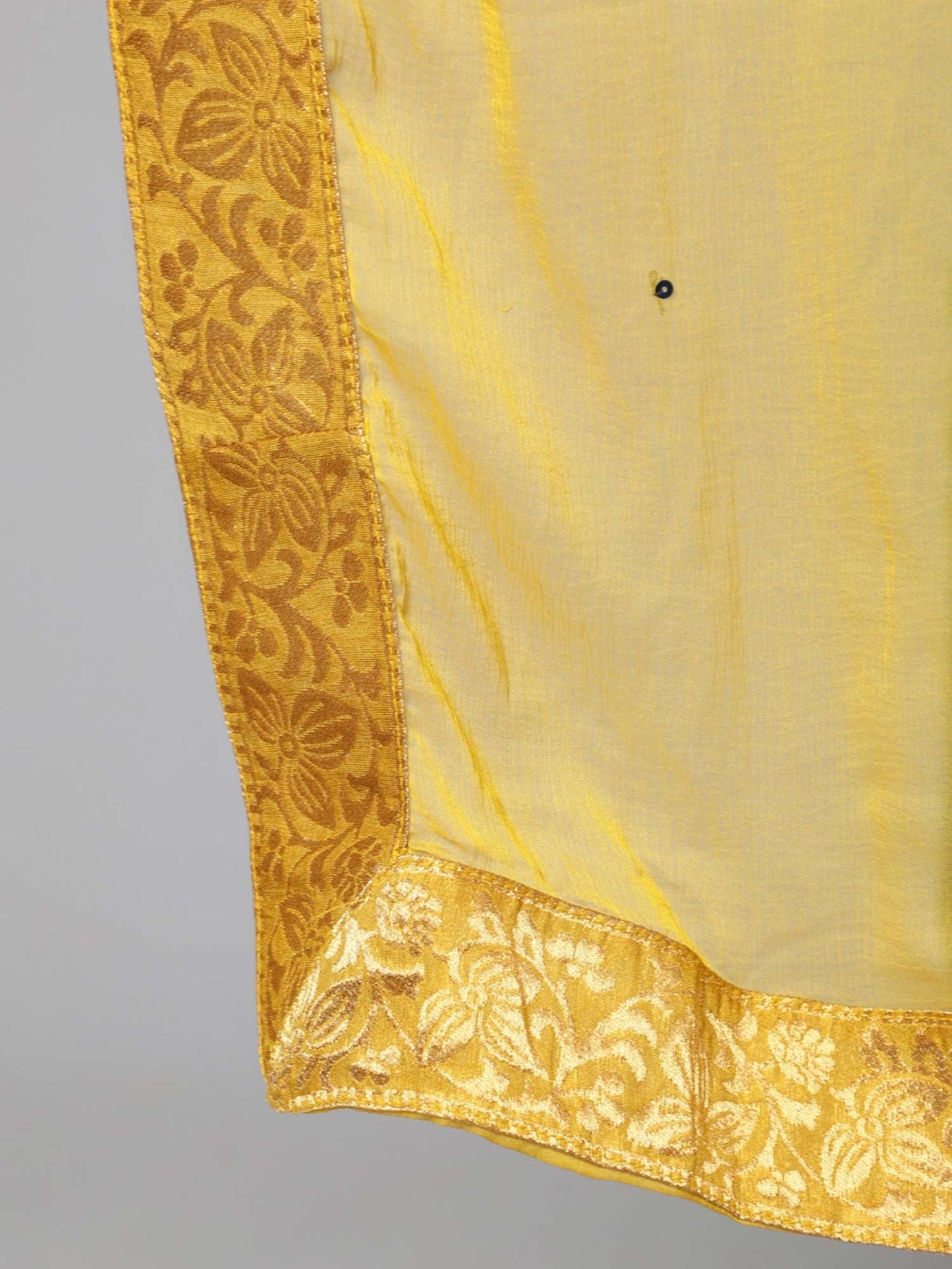ISHIN womens Silk Blend Yellow Foil Printed A-line Kurta Trouser Dupatta (Set of 3)